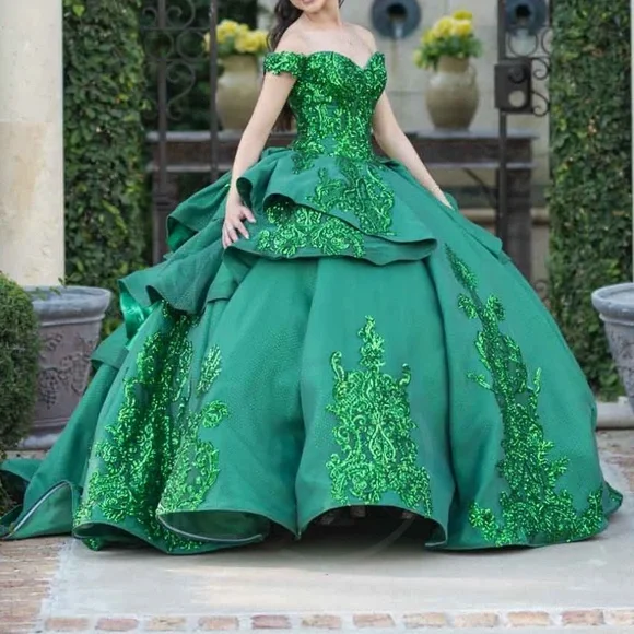 hunter green quinceanera dresses New Emerald Green Quinceanera Dresses Sequined Off The Shoulder Sweet 16 Puffy Tulle Ball Gown vestidos de quinceañera main image 0